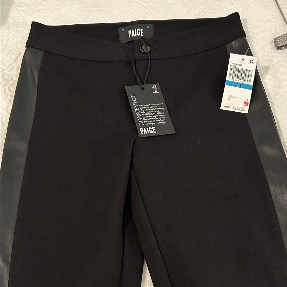 NWT PAIGE Black Trousers with Leather Details Size 24